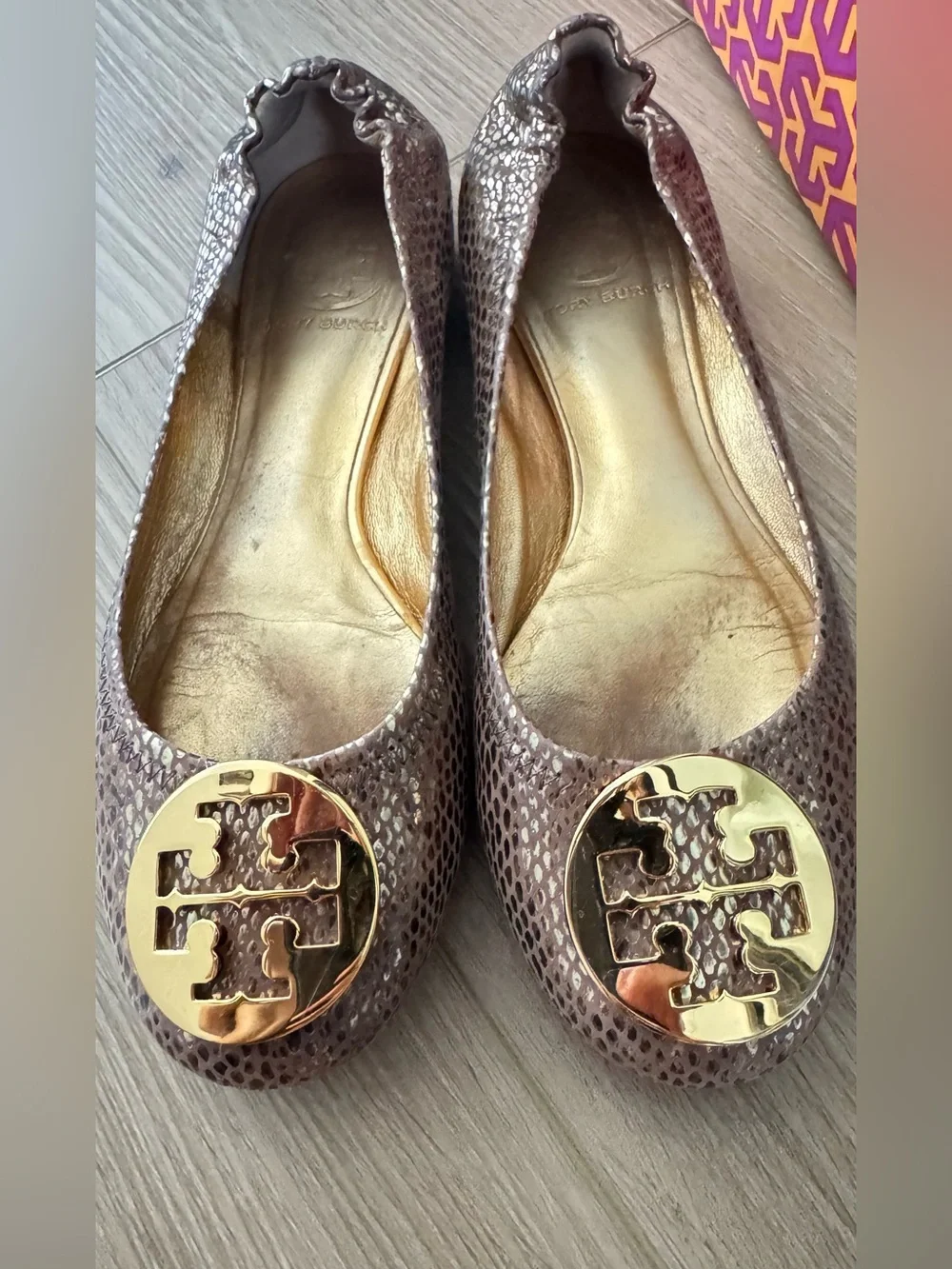 Tory Burch Metallic Gold Reva Snake-Print Ballet Flats